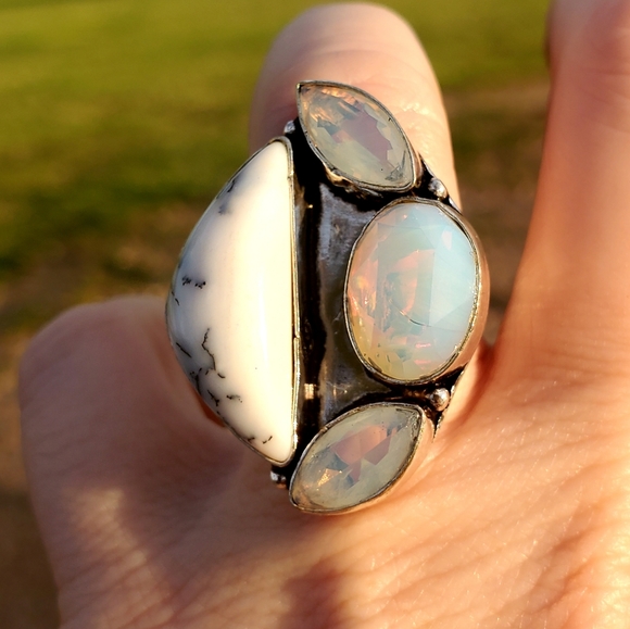 New Dendritic Opal and Milky Fire Opal 925 Silver Ring. - Picture 6 of 16